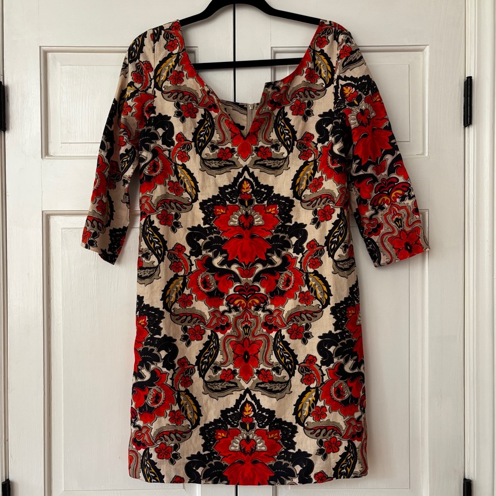 J. Crew Floral 3/4 Sleeve 100% Linen Dress Wedding Guest Split Neck Size 4 Small